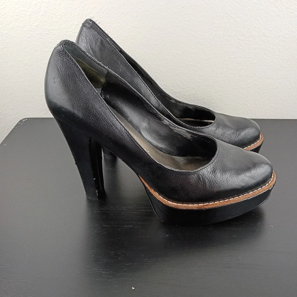 Nine West Womens Black Leather Platform Pumps Round Toe Block Heel Size 7.5M